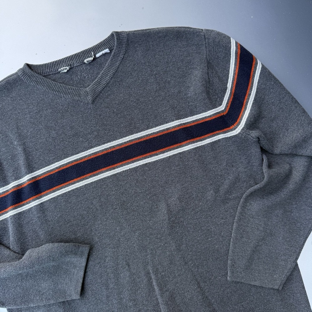90s Quiksilver Wool Grey Sweater With Orange Stripe Around Shoulders Surfer